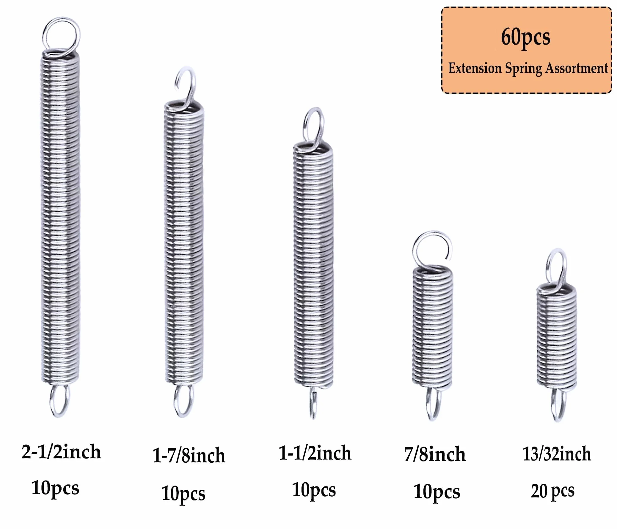 60PCS Sprężyny rozciągane Zestaw asortymentu, Długość 1cm 2cm 3cm 4cm 5cm 6cm, Średnica drutu 0.9mm, Średnica zewnętrzna 6.4mm, Stal nierdzewna Mechaniczne Małe Sprężyny rozciągane z końcówkami haków