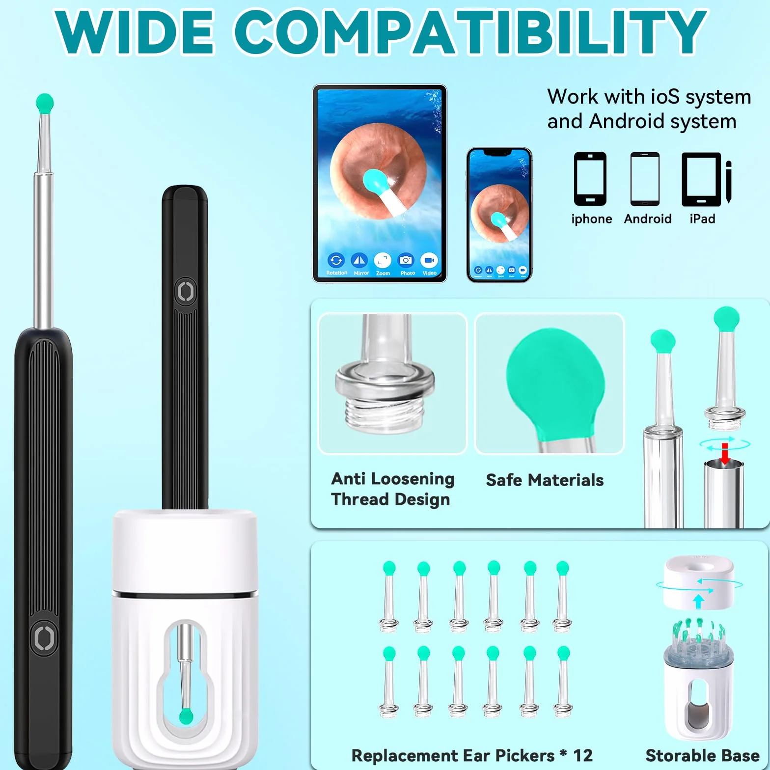 Endoskop uszny, WiFi, endoskop, otoskop, 1080P, IP67, wodoodporna kamera uszna HD z 6 diodami LED, otoskop, kompatybilna z ios i Androidem, dla iPhone, Android, iPad, dorosłych, dzieci, z