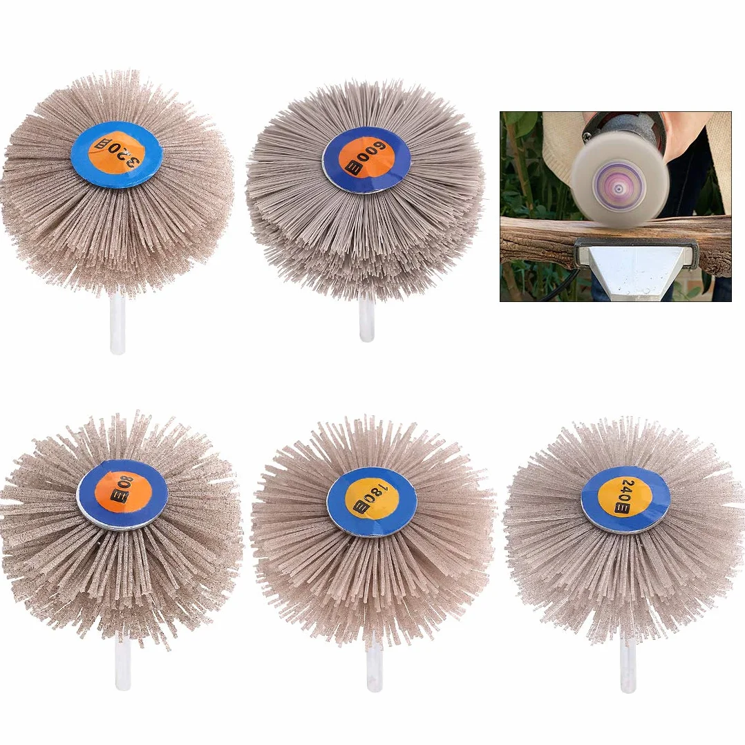 Swpeet 5 szt. 5 rozmiarów 80# 180# 240# 320# 600# nylonowa szczotka do koła głowica szlifierska z zestawem chwytów gwintowanych 6 mm, mop szlifierski tarcza ścierna do polerowania usuwania rdzy i malowania