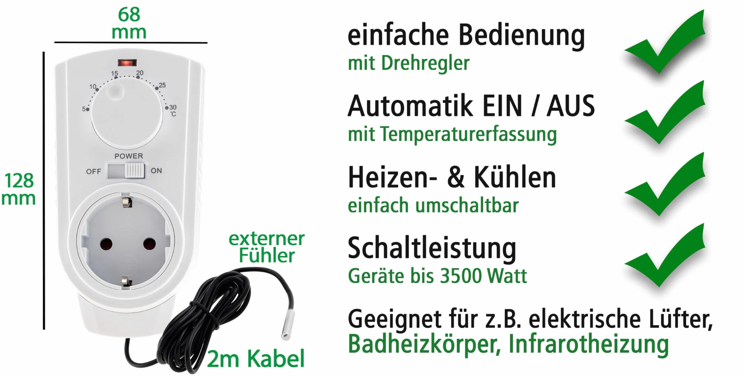 ChiliTec ST50 termostat gniazdkowy, zewnętrzny czujnik temperatury, kabel 230 V, wtyczka pośrednia, proste sterowanie do ogrzewania elektrycznego, grzejnik na podczerwień