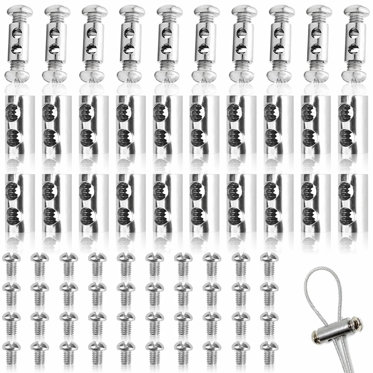 Zacisk do liny drucianej 3 mm, 30 sztuk zacisków linowych z 60 śrubami, zaciski do linek drucianych, metalowe, samoblokujące, zacisk druciany do linek namiotowych, linek do prania, uchwyt na kabel