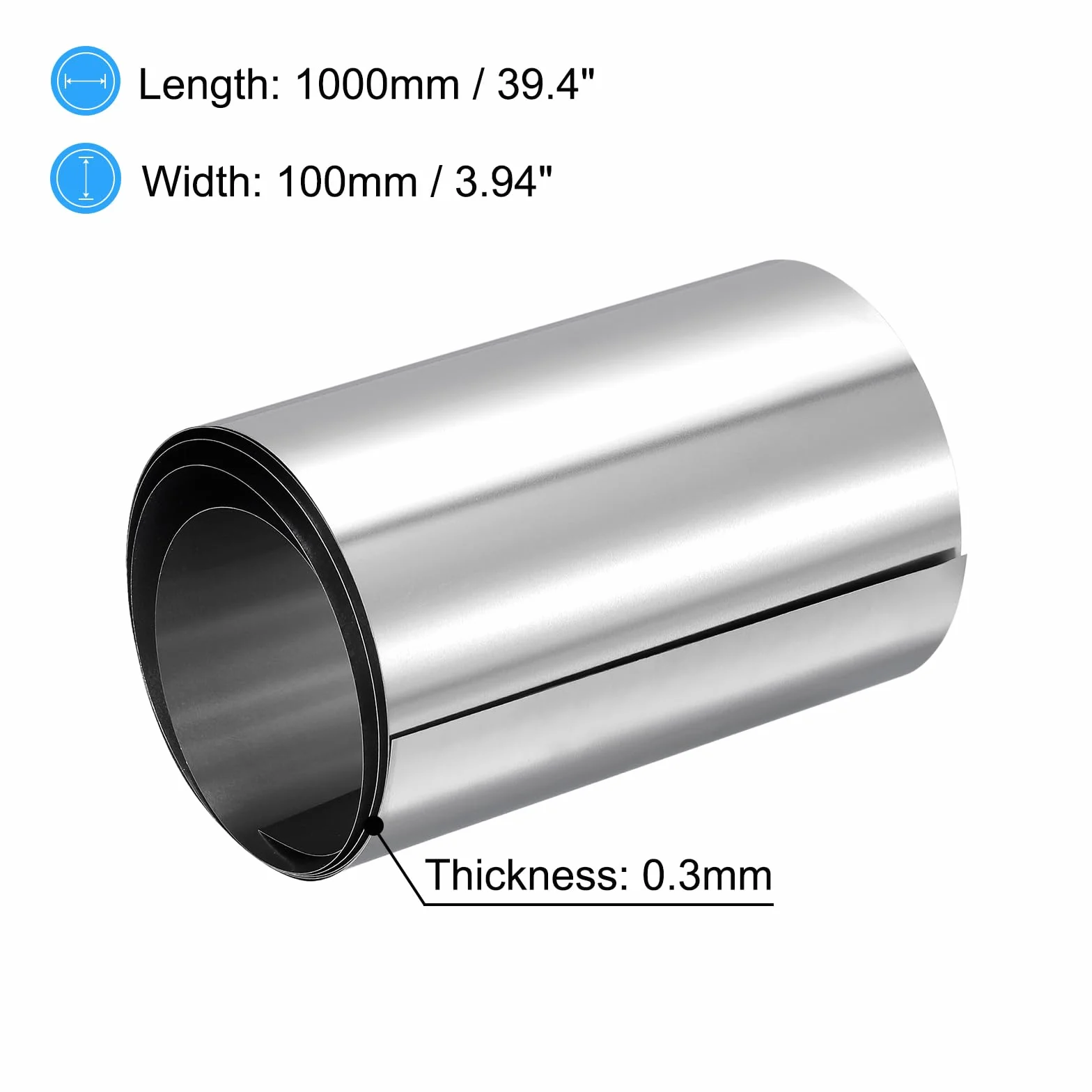 sourcing map Folia ze stali nierdzewnej 304 rolka 0,3 mm x 100 mm x 1 m polerowana srebrny