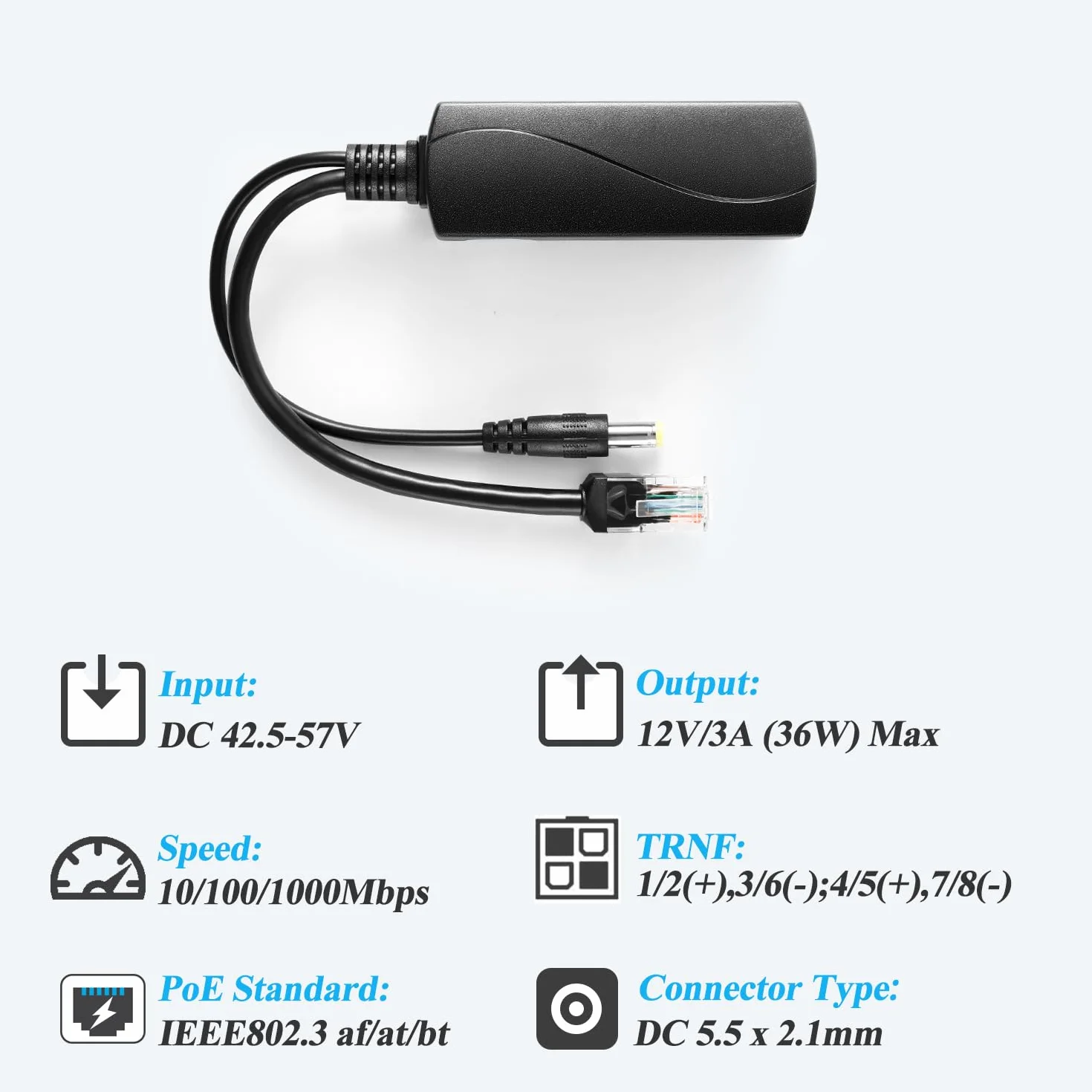 Rozdzielacz PoE Gigabit 36 W 12 V/3 A, DC 5,5 x 2,1 mm wtyczka PoE do DC 12 V/3 A, Gigabit Ethernet odpowiada IEEE802.3ft, Plug and Play (PS5712BG)