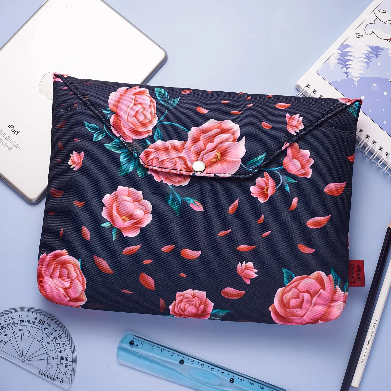 Camellia Kwiatowy pokrowiec na książki, etui na książki w miękkiej okładce, rękawy na książki z wyściełanym zamkiem błyskawicznym, 39 x 25 cm