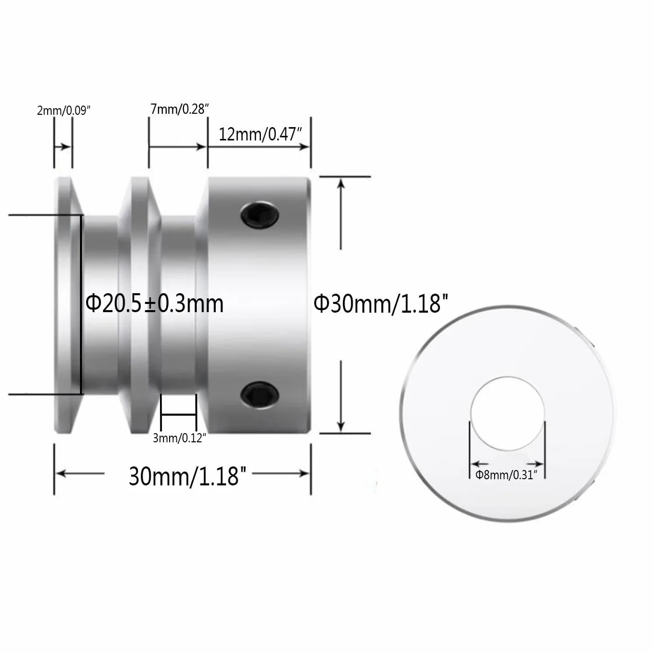 CHANCS Koło pasowe z podwójnym rowkiem ze stopu aluminium 30 mmOD 8 mm stałe koło pasowe z otworem do wału silnika wiertarki 6 mm (1/4") PU okrągły pasek