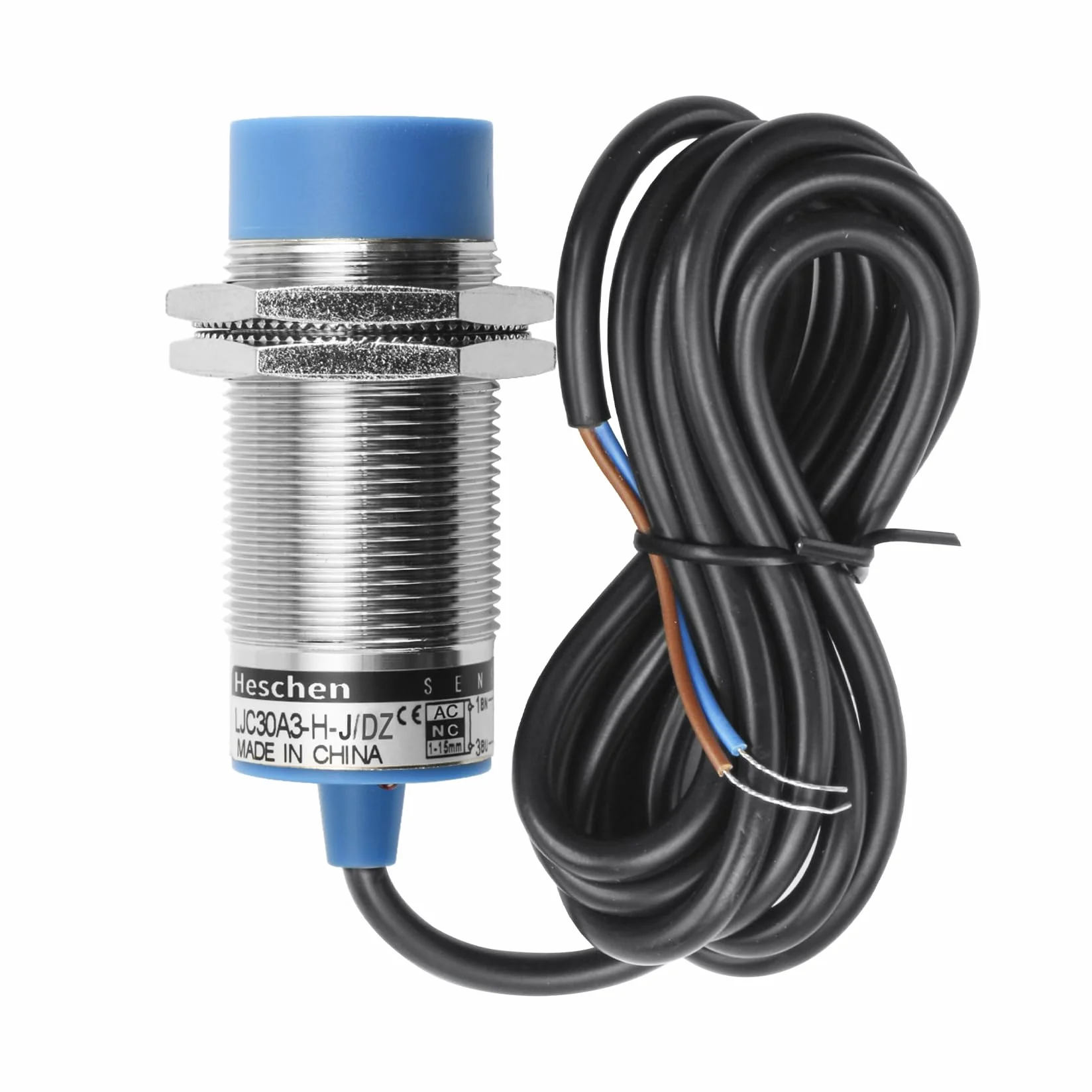 Heschen Pojemnościowy czujnik zbliżeniowy LJC30A3-H-J/DZ 1-15 mm 90-250 VAC 400 mA normalnie zamknięty (NC) 2 kable, pojemnościowy, automatyczny, szary, niebieski