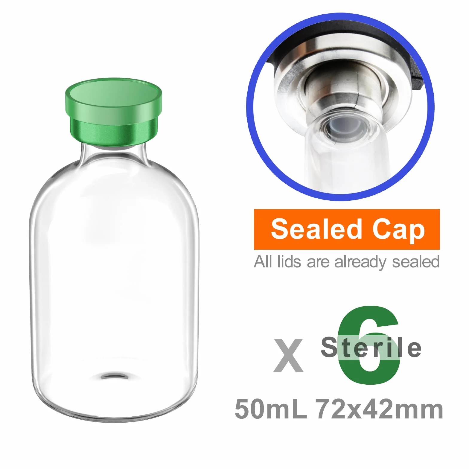 Sterylne puste fiolki z samoregenerującym się portem wtryskowym i aluminiową plastikową nasadką, sterylne opakowanie (50 ml przezroczysty 6 szt.)
