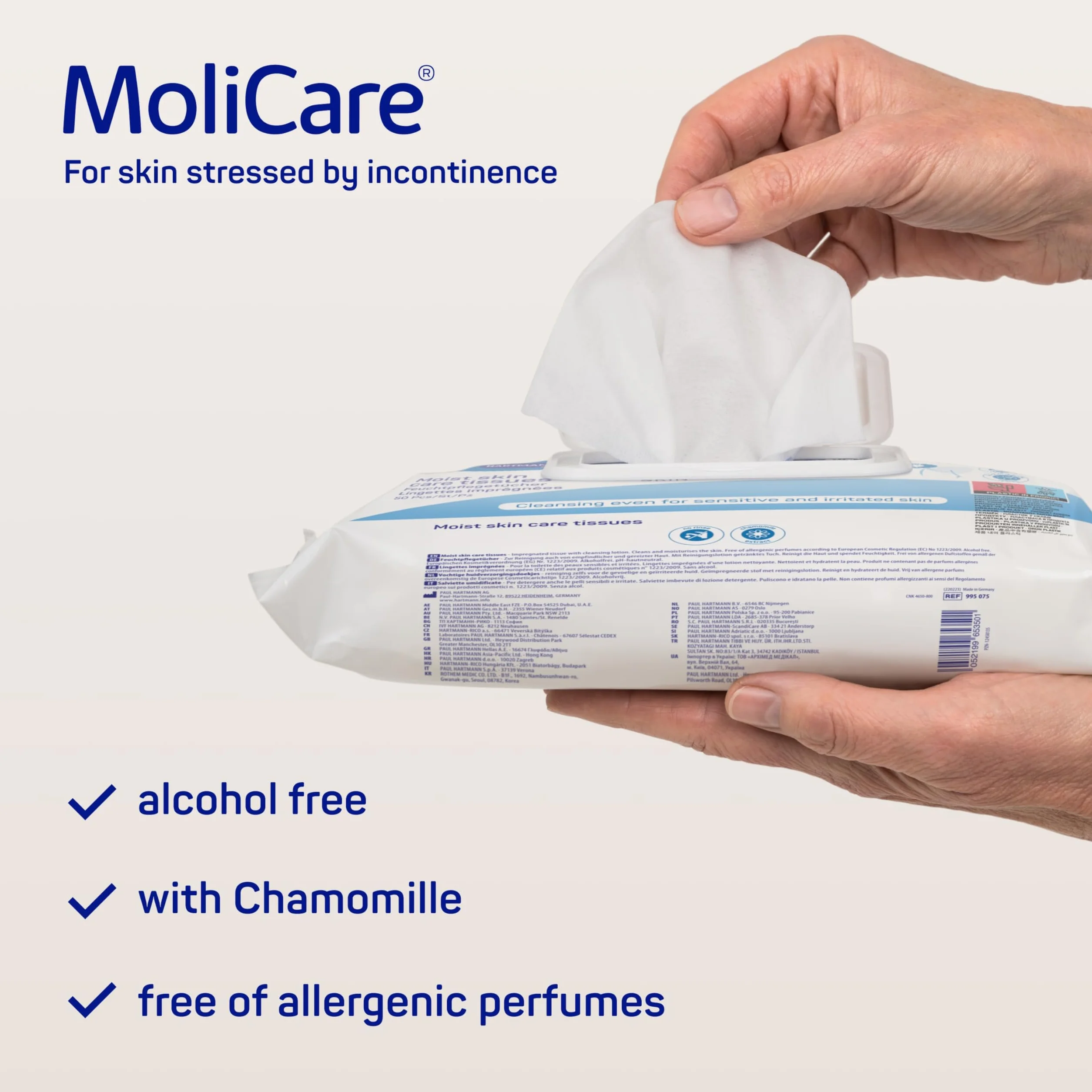 MoliCare Skin - Chusteczki impregnowane na każdą okazję - Wzbogacone rumiankiem - pH Neutralne dla skóry - 50-częściowy worek