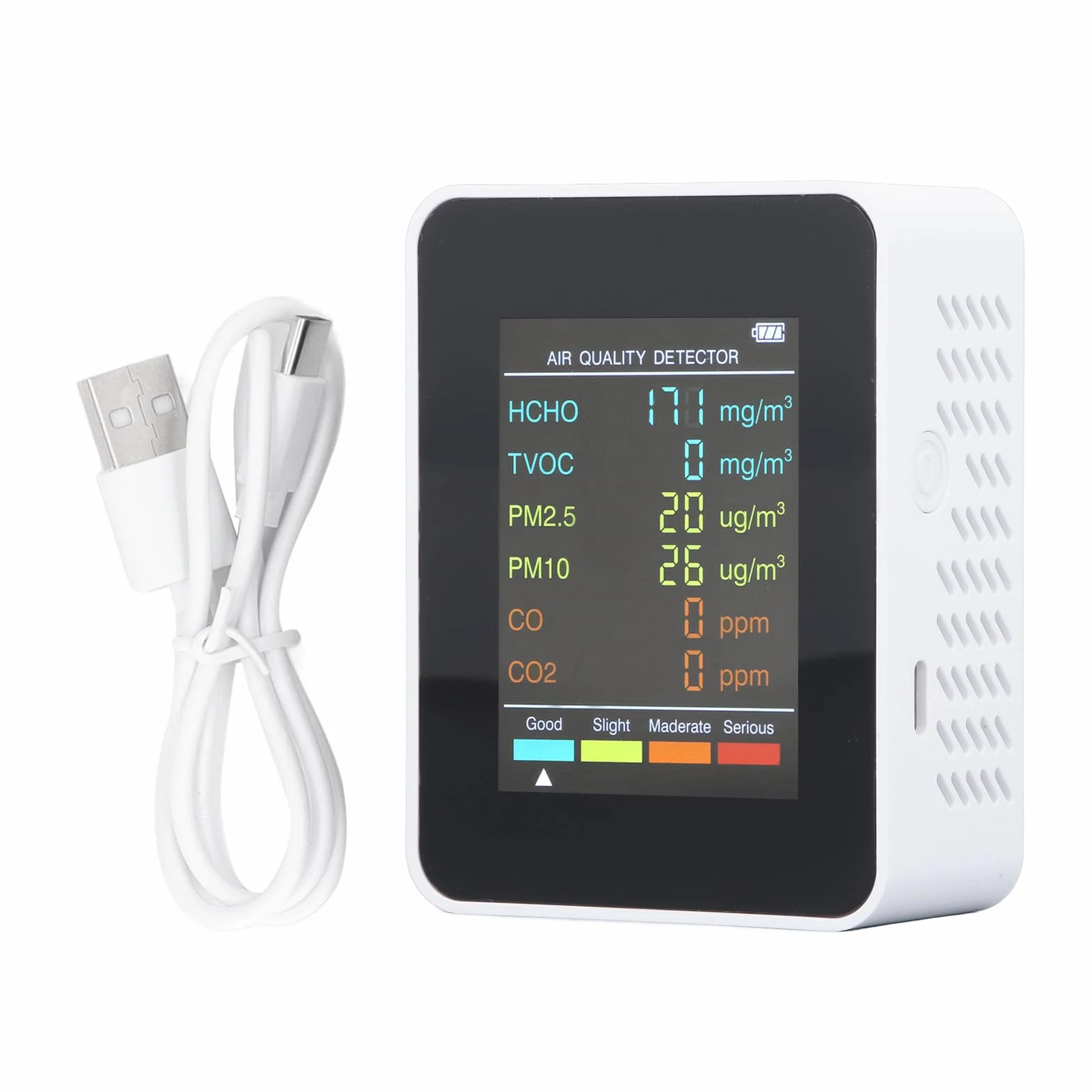 Miernik CO2 Jakości Powietrza Przenośny Detektor Dwutlenku Węgla z Podświetlanym Ekranem LCD CO2 TVOC HCHO PM2.5 PM10 Biały