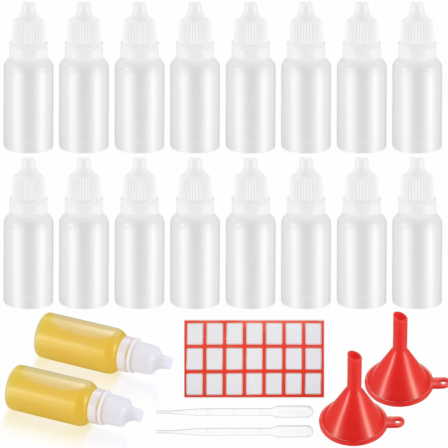Plastikowe butelki z nakrętką 15 ml, puste, wyciskane do olejek eterycznych, z lejkami/pipetami transferowymi i naklejką, 20 sztuk