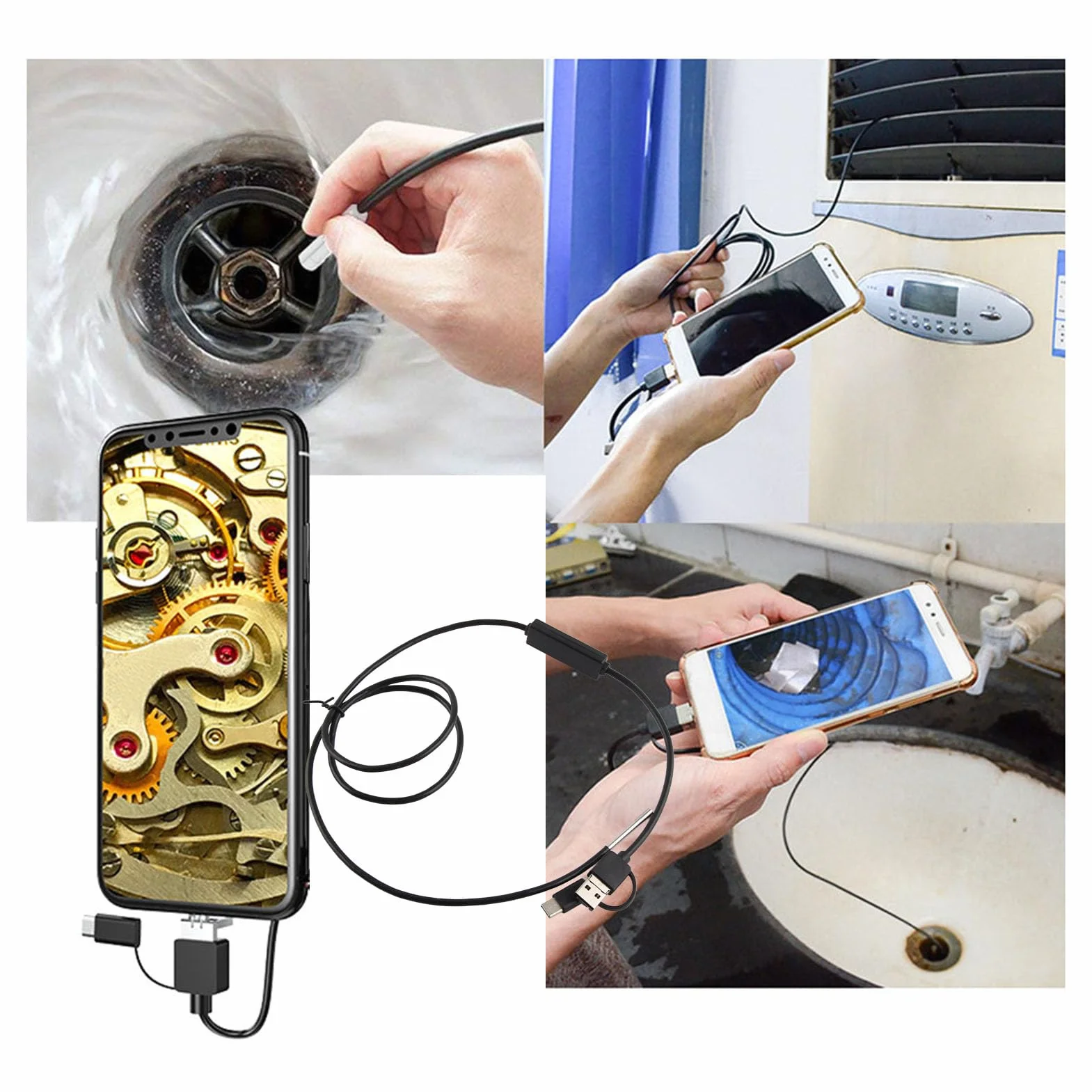 Endoskop 3 w 1, kamera endoskopowa, wodoszczelna kamera typu C, USB endoskop do telefonów z systemem Android, obiektyw 3,9 mm, wodoszczelna kamera endoskopowa, 1280 x 720 (1 m)
