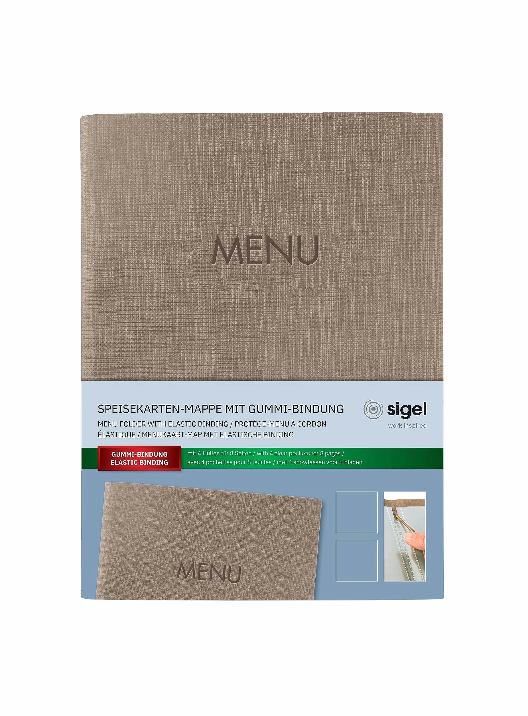 SIGEL SM211 teczka na menu DIN A5 z elastycznym sznurkiem, 2 kieszenie, tłoczona, ciemnobeżowy