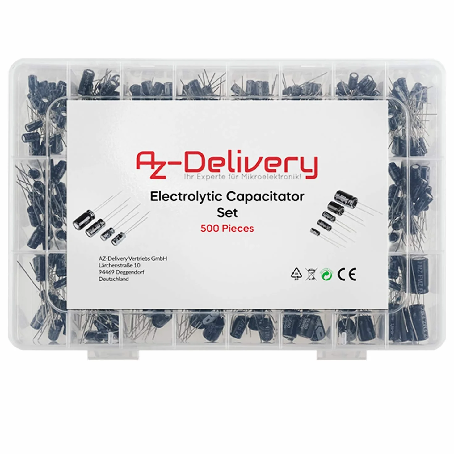AZDelivery Asortyment ElKo kondensator elektrolityczny aluminiowy 24 wartości 500 sztuk 0.1uF - 1000uF ze skrzynką do przechowywania kompatybilny z Arduino i E-book w zestawie!