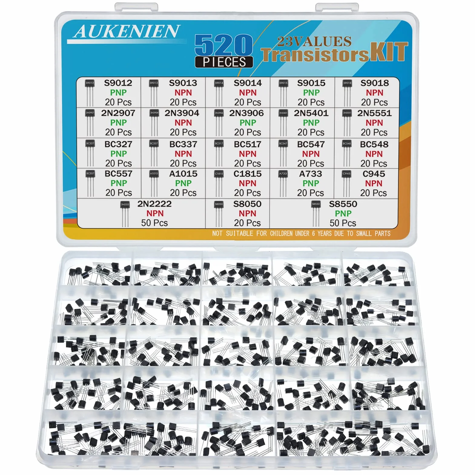 AUKENIEN 23Wartość Sortiment tranzystorów PNP NPN A1015 A733 C945 C1815 BC557 2N2907 2N3904 2N3906 2N5401 2N5551 S9012 S9013 S9014 S9015 S9018 BC327 BC337 BC517 BC547 BC548 2N2222 S8050 S8550