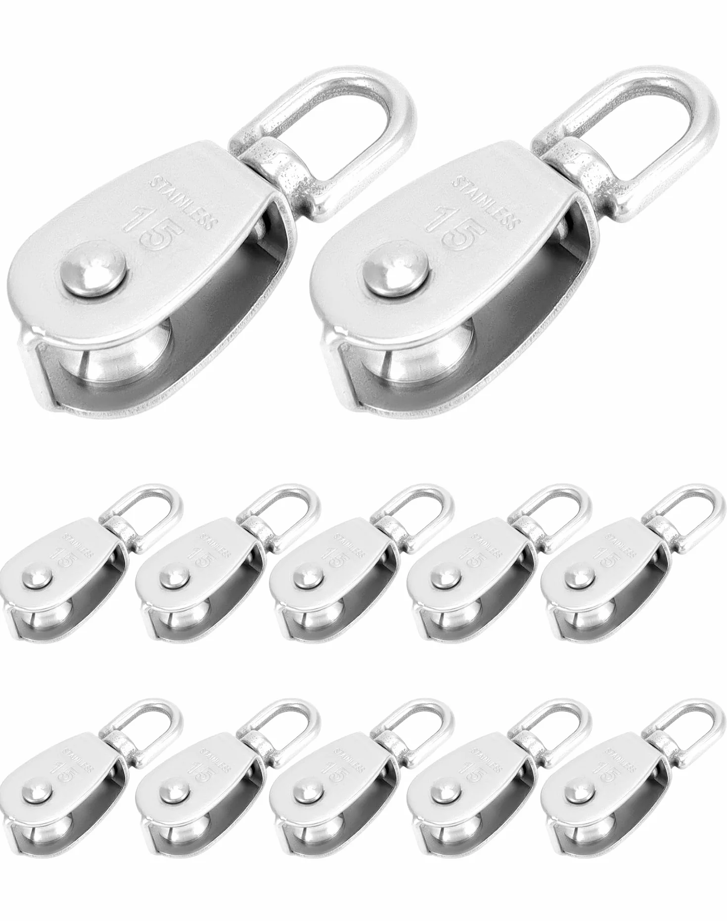 QWORK® 12 sztuk bloczek M15, bloczki ze stali nierdzewnej 304 do lin stalowych o średnicy do 6 mm, nośność 35 kg