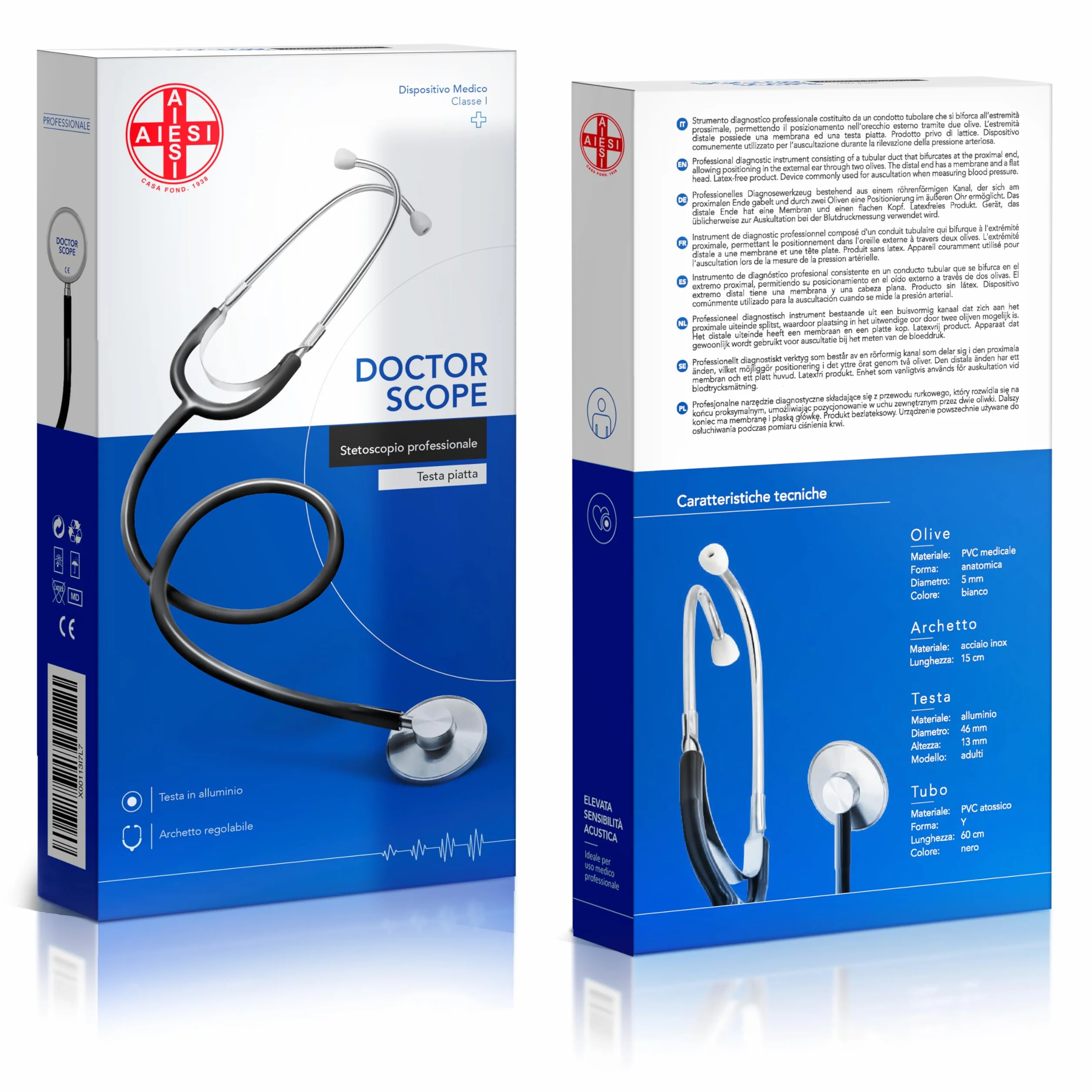 AIESI® Stetoskop z płaską główką Professional dla dorosłych, kolor czarny DOCTOR SCOPE, 24 miesiące włoskiej gwarancji