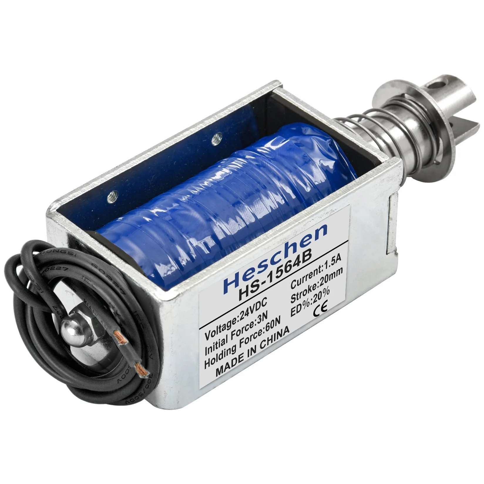 Heschen Elektromagnes elektromagnetyczny, HS-1564B, DC24V 1,5A, skok 20 mm, siła 60N, typ Push Pull, otwarta rama, ruch liniowy