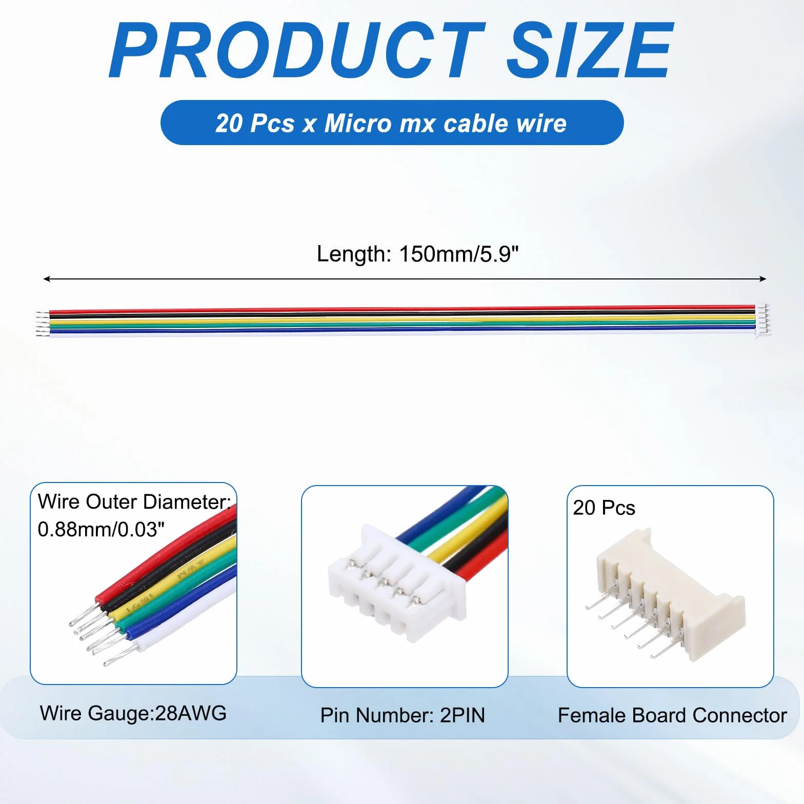 QUARKZMAN 30 sztuk MX 1,25 mm 6 pinów wtyczka z pojedynczą głowicą z 28 AWG 150 mm kablem i listwami gniazdkowymi do głośników, paski świetlne LED, małe urządzenia