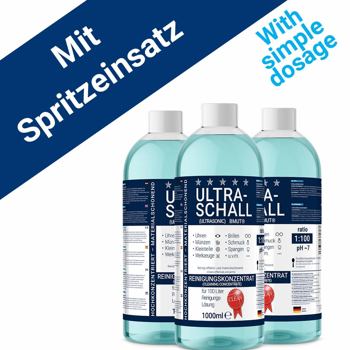 2 x 1000 ml koncentrat do czyszczenia ultradźwiękowego | płyn | do okularów, zegarków, biżuterii, protez i wielu innych w kąpieli ultradźwiękowej
