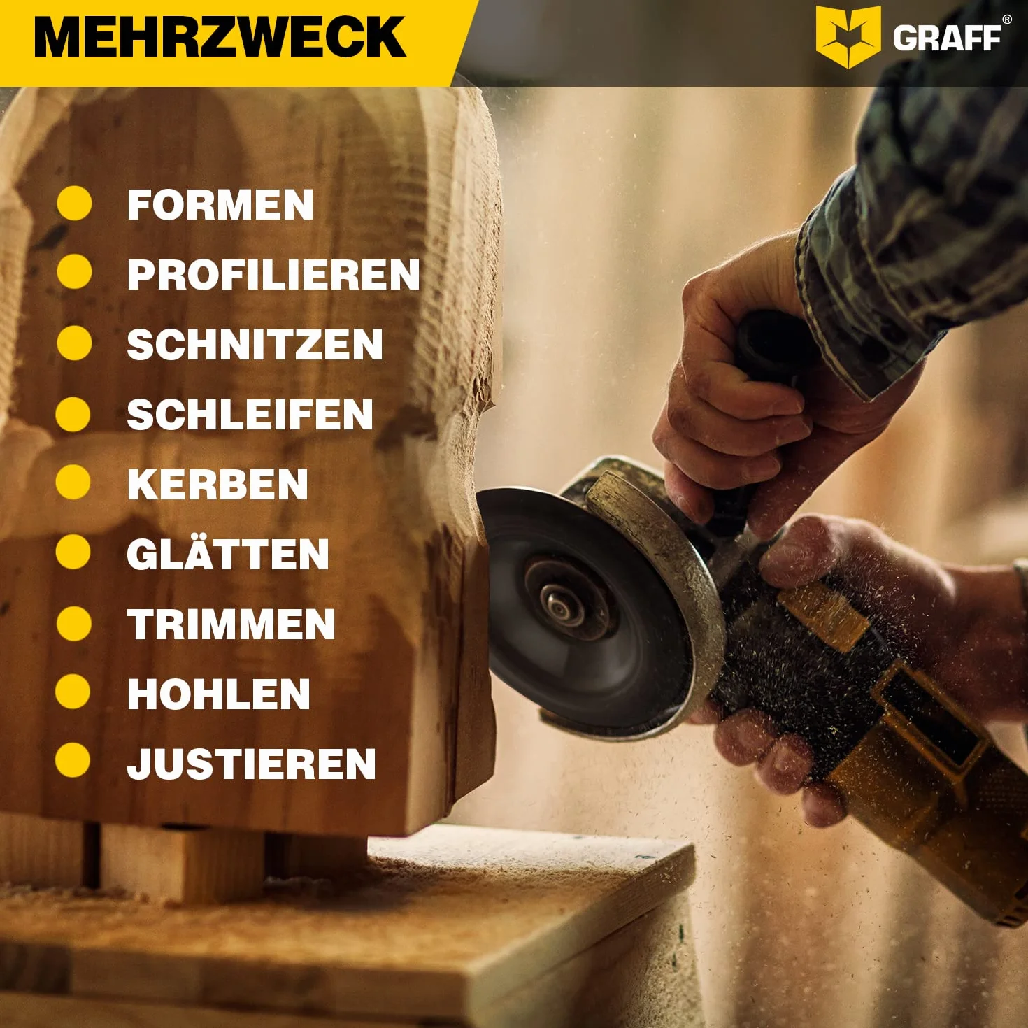 GRAFF Frez do drewna klasy premium, 115 mm, do rzeźbienia i szlifowania drewna, miękkiego drewna, twardego drewna – szlifierka do drewna do szlifierek kątowych i Flex – tarcza szlifierska do narzędzi