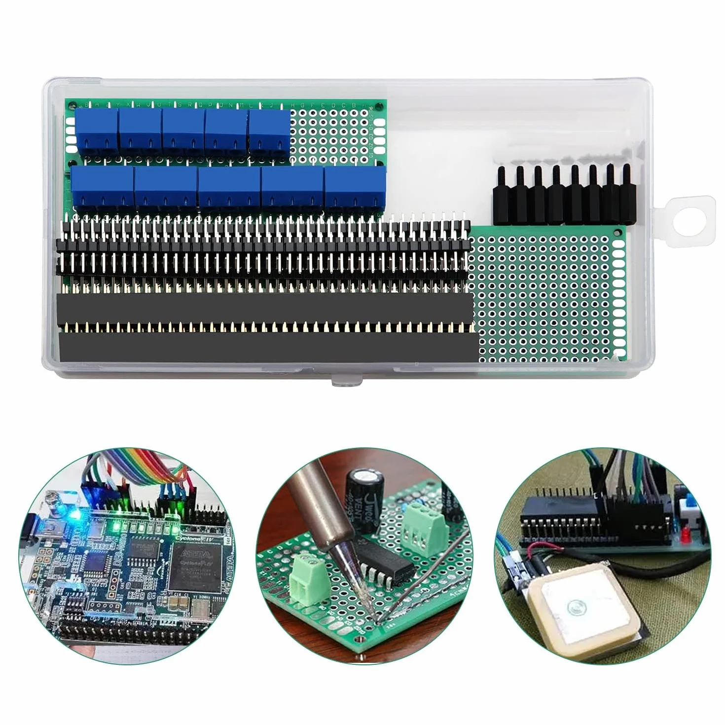 HUAZIZ 68 sztuk PCB Board Kits, 16 sztuk dwustronnych kart prototypowych płytek drukowanych, 16 sztuk męskich i żeńskich 40 pinów, 16 sztuk zacisków śrubowych 2P/3P, 20 sztuk nylonowych kolumn