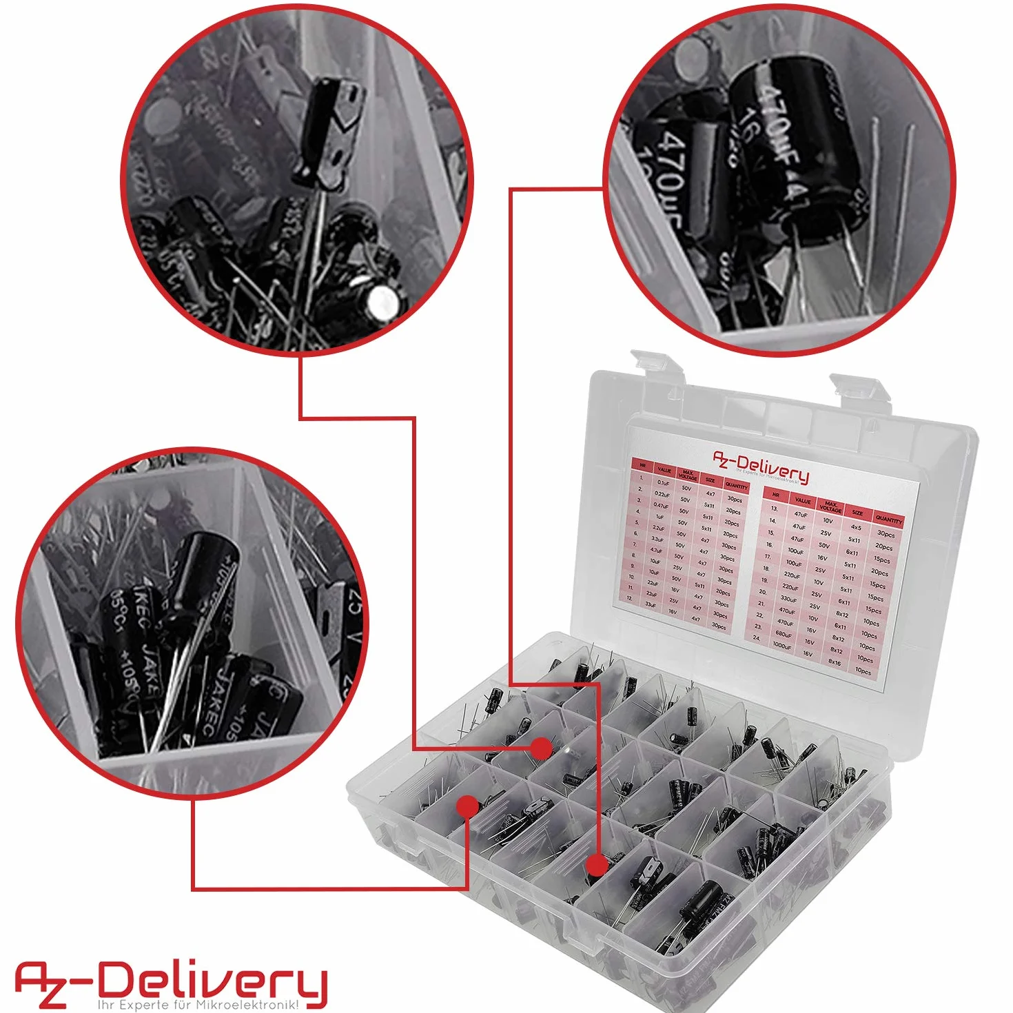 AZDelivery Asortyment ElKo kondensator elektrolityczny aluminiowy 24 wartości 500 sztuk 0.1uF - 1000uF ze skrzynką do przechowywania kompatybilny z Arduino i E-book w zestawie!