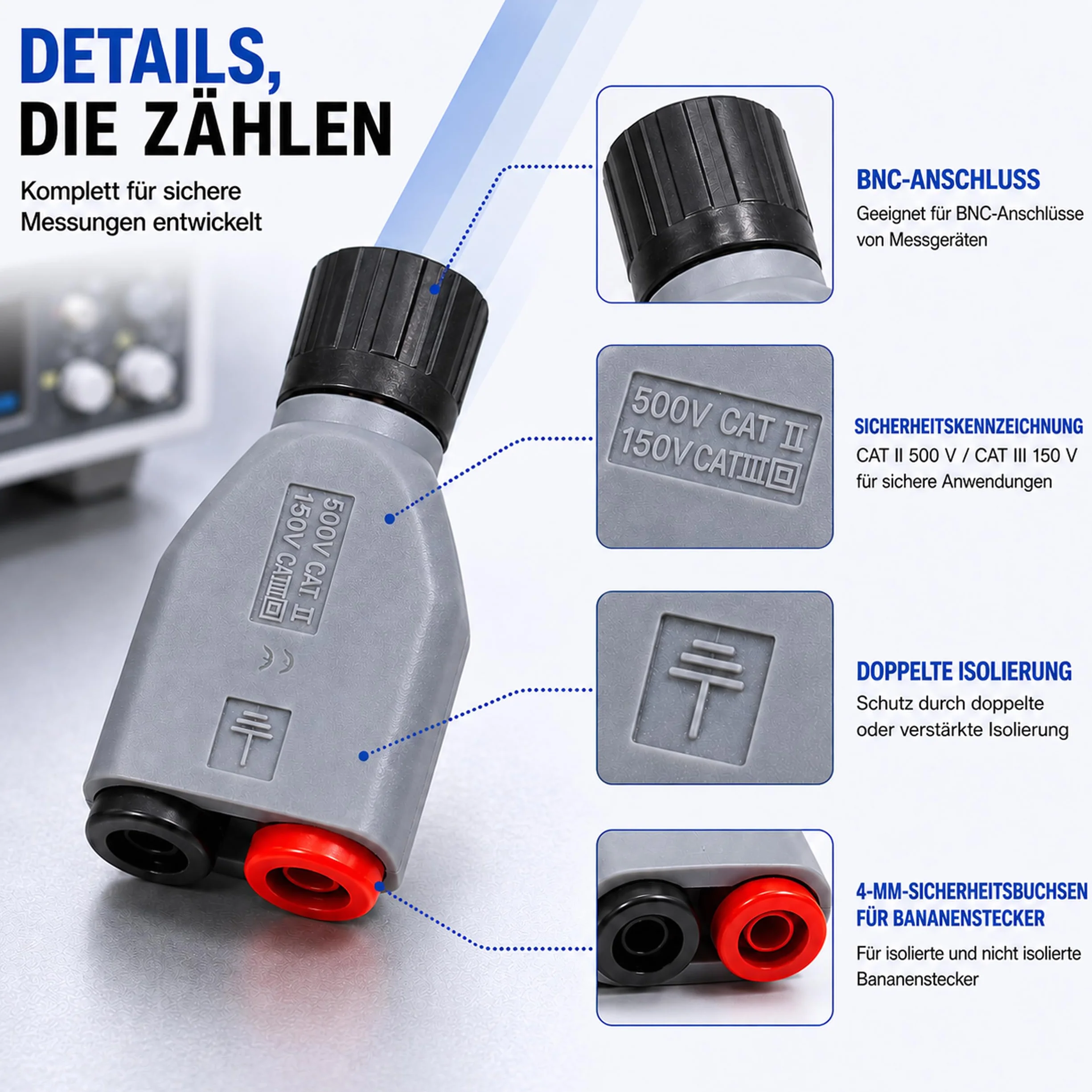 PeakTech P 7055 BNC adapter wtyczka bananowa gniazda akcesoria do oscyloskopu 4 mm izolowany