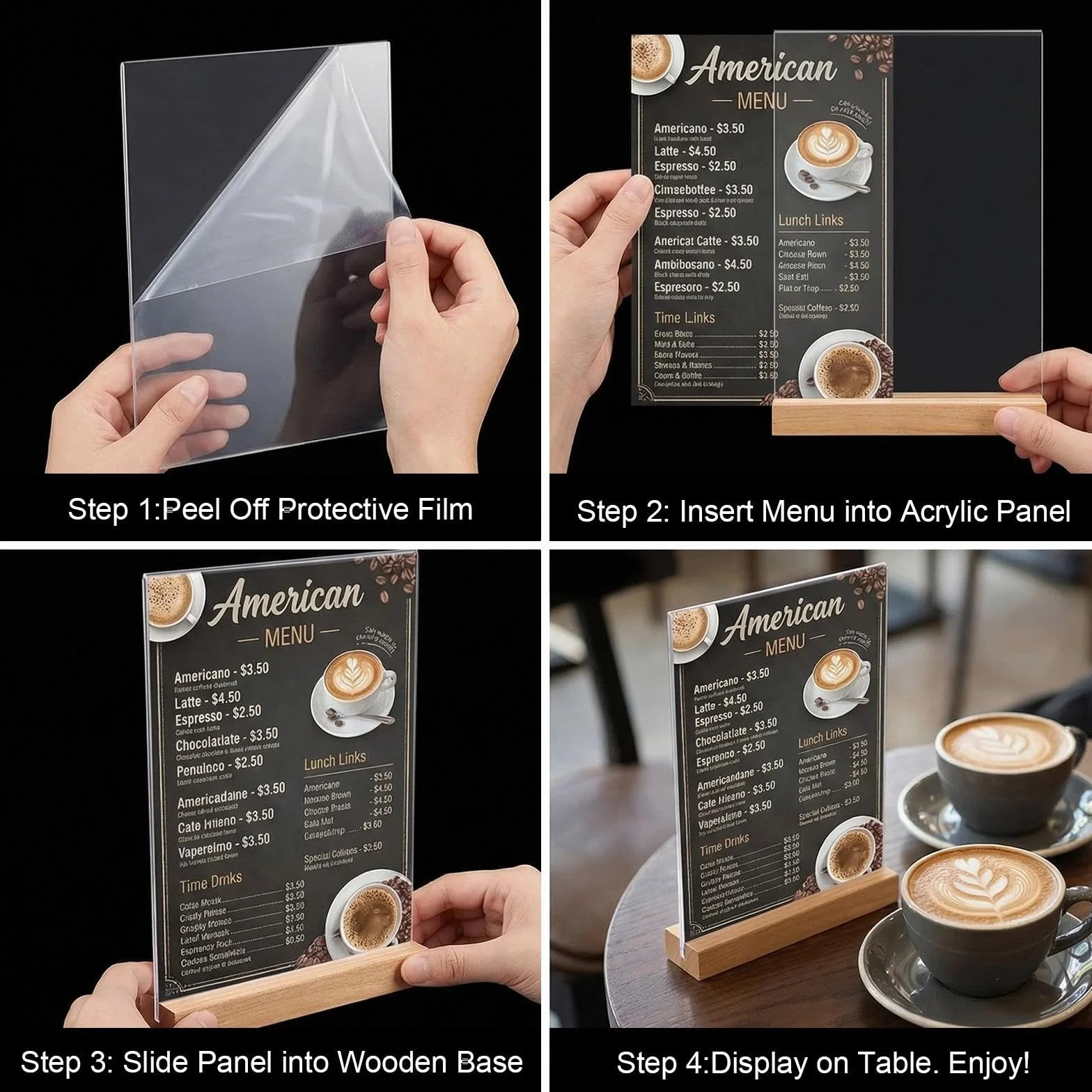Akrylowy stojak na menu A5 z drewnianą nóżką, uchwyt na plakat w kształcie litery T, pionowy (21 x 15 cm)