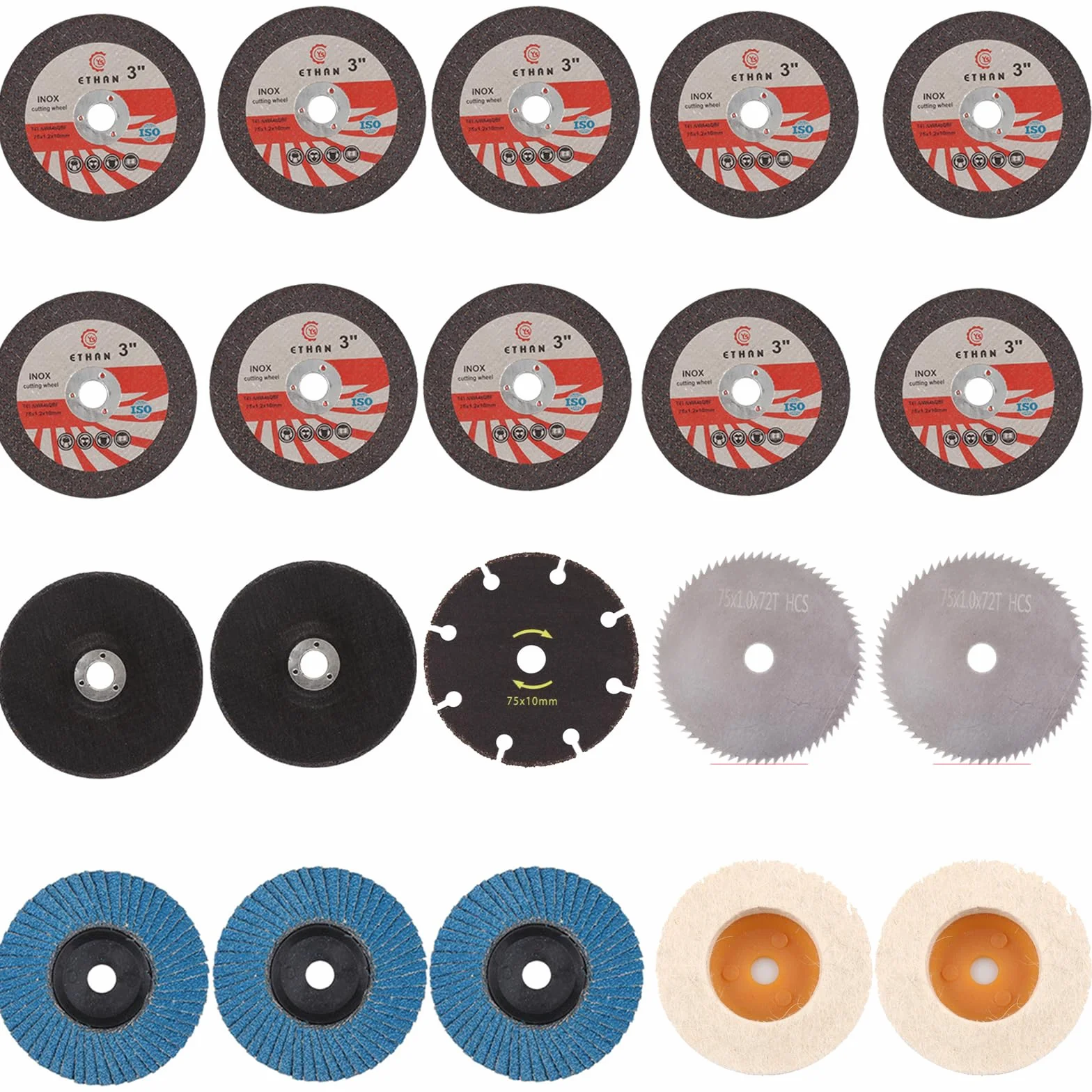 15 sztuk tarcz do cięcia 76 mm, 3 tarcze wachlarzowe 76 mm, tarcze tnące 76 x 10 mm, 2 szt. 75 x 10 mm, filcowe tarcze polerskie, zestaw do mini szlifierek kątowych, cięcia, polerowania, szlifowania
