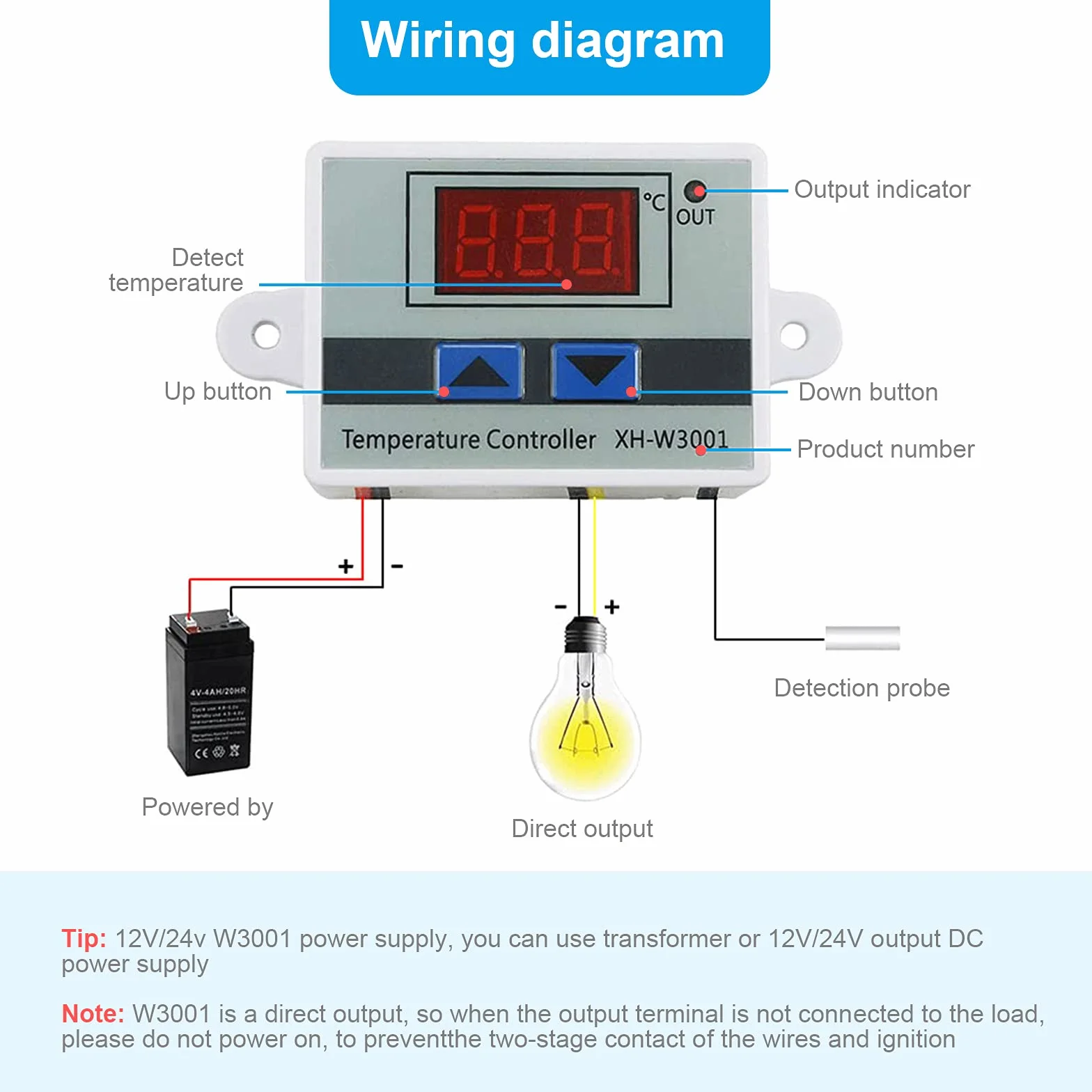 RUIZHI XH-W3001 cyfrowy regulator temperatury z wyświetlaczem LCD, DC 12V 120W termostat z wodoodpornym czujnikiem, mikrokomputerowy termostat