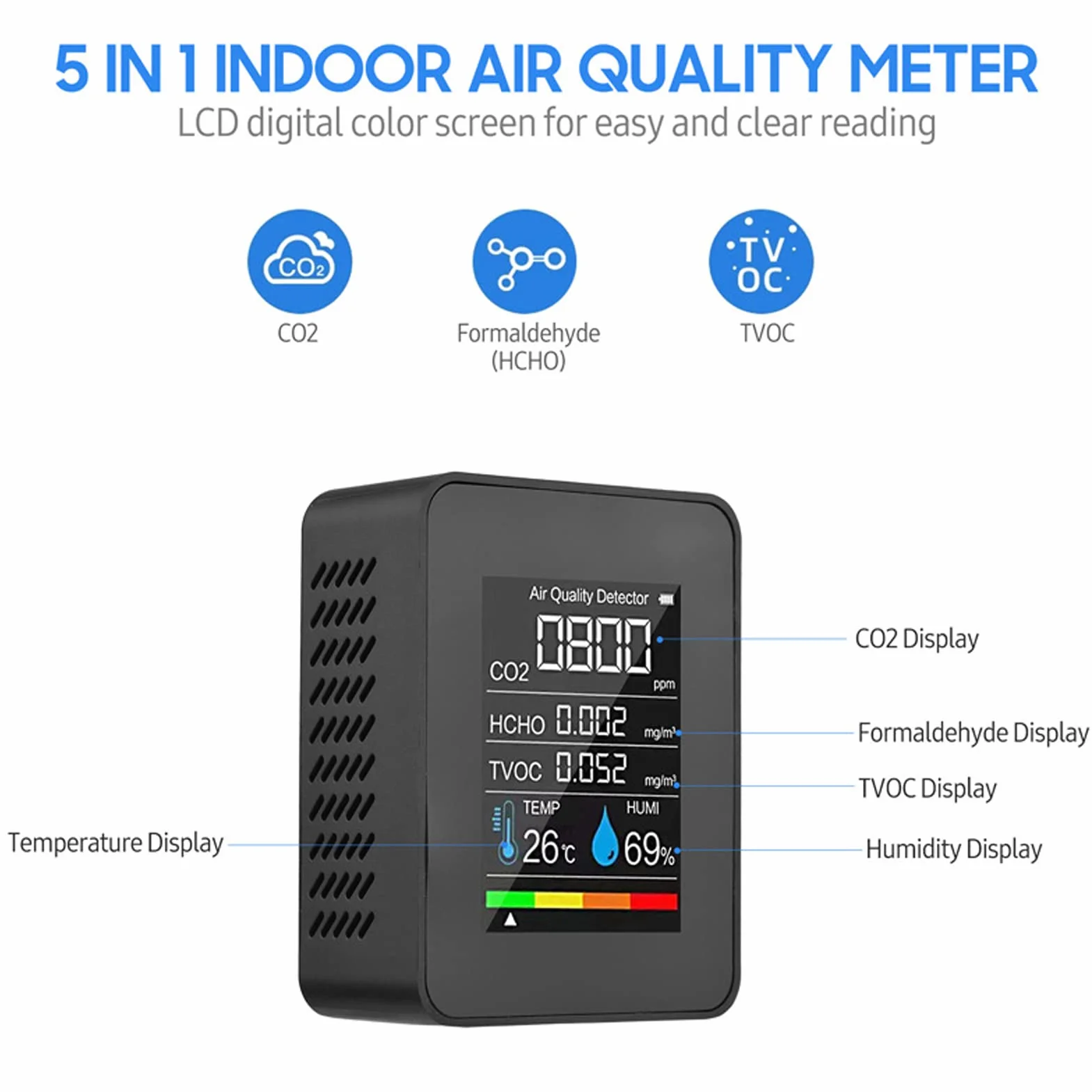 Monitor Jakości Powietrza CO2 z Czujnikiem PM TVOC HCHO, Przenośny Duży Wyświetlacz LCD