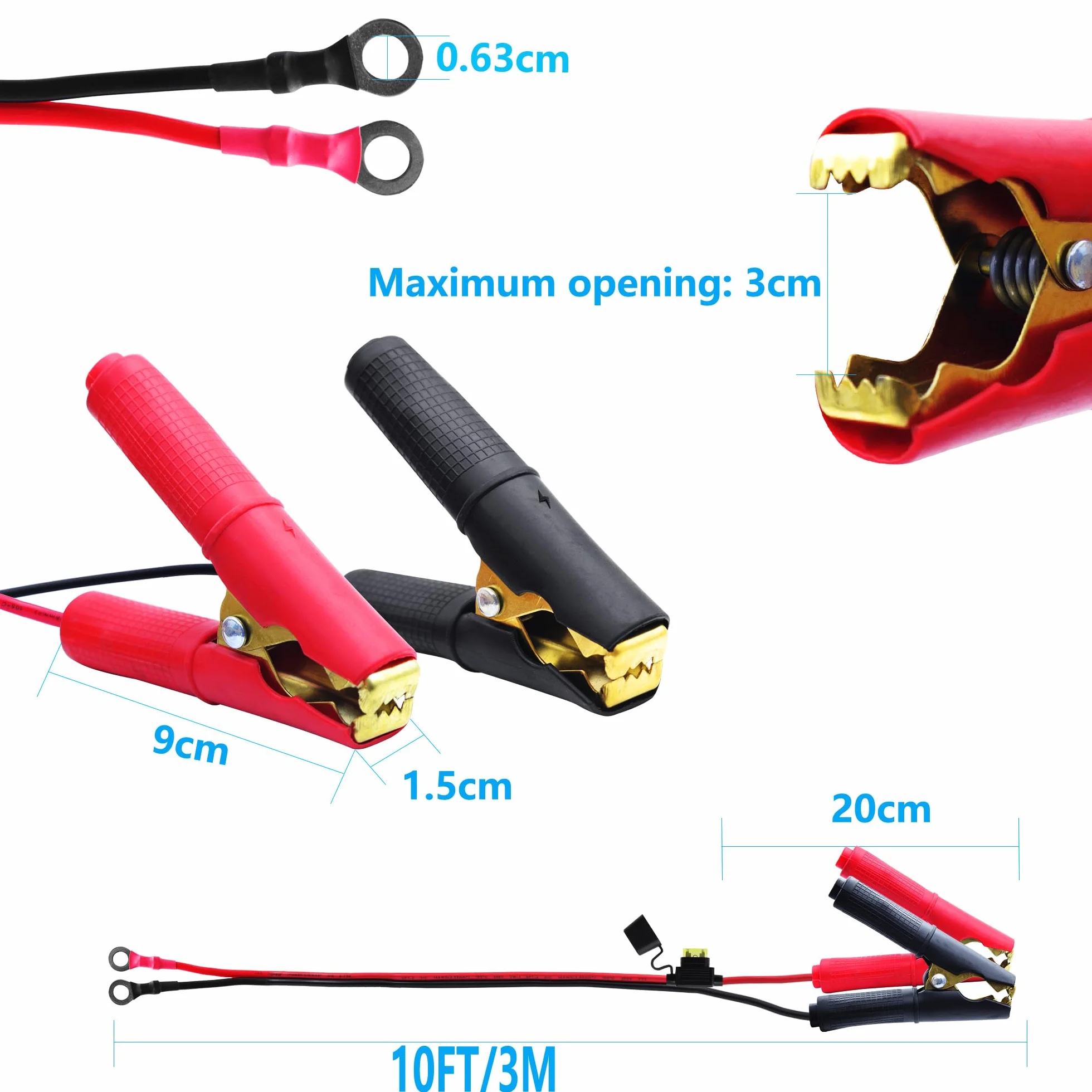 Kabel z bezpiecznikiem 20A 14AWG 12V-24V Alligator Clip O-Ring Terminal do akumulatora 3m