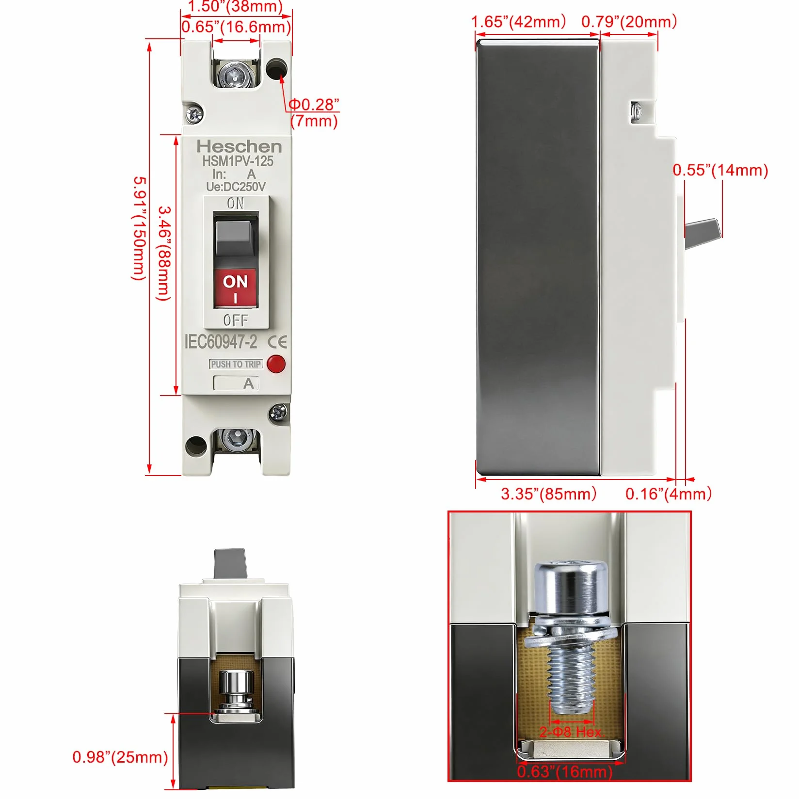 Heschen HSM1PV-125 Przełącznik DC MCCB 1-biegunowy DC250V 125A do instalacji solarnej PV